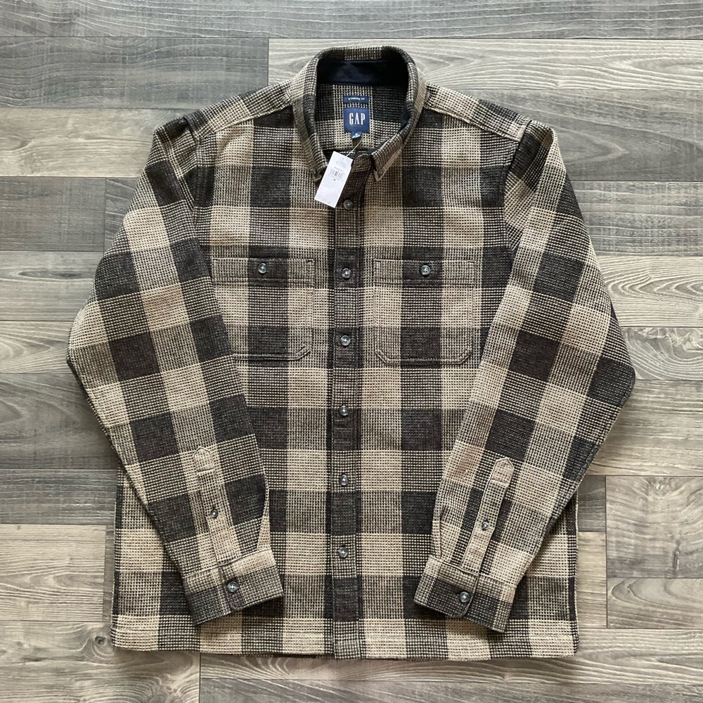 NWT GAP Waffle-Knit Flannel Shirt Men’s MEDIUM Buffalo Check Tan Black 543208